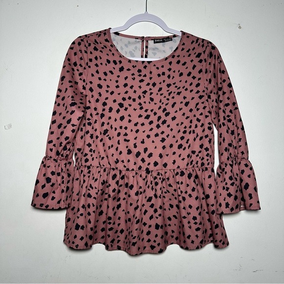 SHEIN Tops - Pink Dalmatian Print Peplum Top‎ Ruffle 3/4 Sleeve Keyhole Back XS US 2